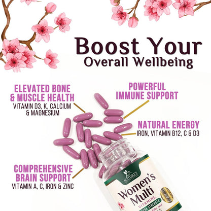Multivitamin für Frauen – Tägliche Frauen-Multivitamine mit Kalzium, Folsäure, Vitamin A, C, D, E & B-Vitaminen, Zink und Eisen – Vitamine für Knochen-, Energie- & Immununterstützung – 60 Softgels