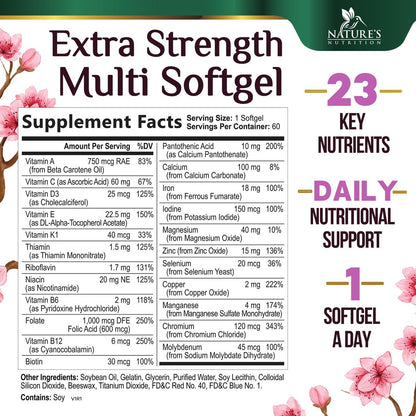 Multivitamin für Frauen – Tägliche Frauen-Multivitamine mit Kalzium, Folsäure, Vitamin A, C, D, E & B-Vitaminen, Zink und Eisen – Vitamine für Knochen-, Energie- & Immununterstützung – 60 Softgels