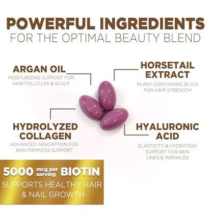 Haar-, Haut- und Nagel-Vitamine für Haarwachstum - Biotin 5000mcg pro Portion - Extra starkes Kollagen, Arganöl & Hyaluronsäure - Bestes Beauty-Supplement für Frauen & Männer - In den USA abgefüllt - 120 Softgels
