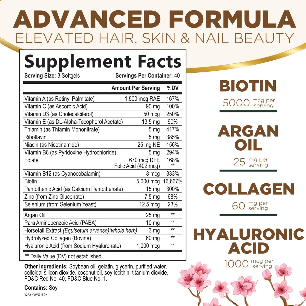 Haar-, Haut- und Nagel-Vitamine für Haarwachstum - Biotin 5000mcg pro Portion - Extra starkes Kollagen, Arganöl & Hyaluronsäure - Bestes Beauty-Supplement für Frauen & Männer - In den USA abgefüllt - 120 Softgels