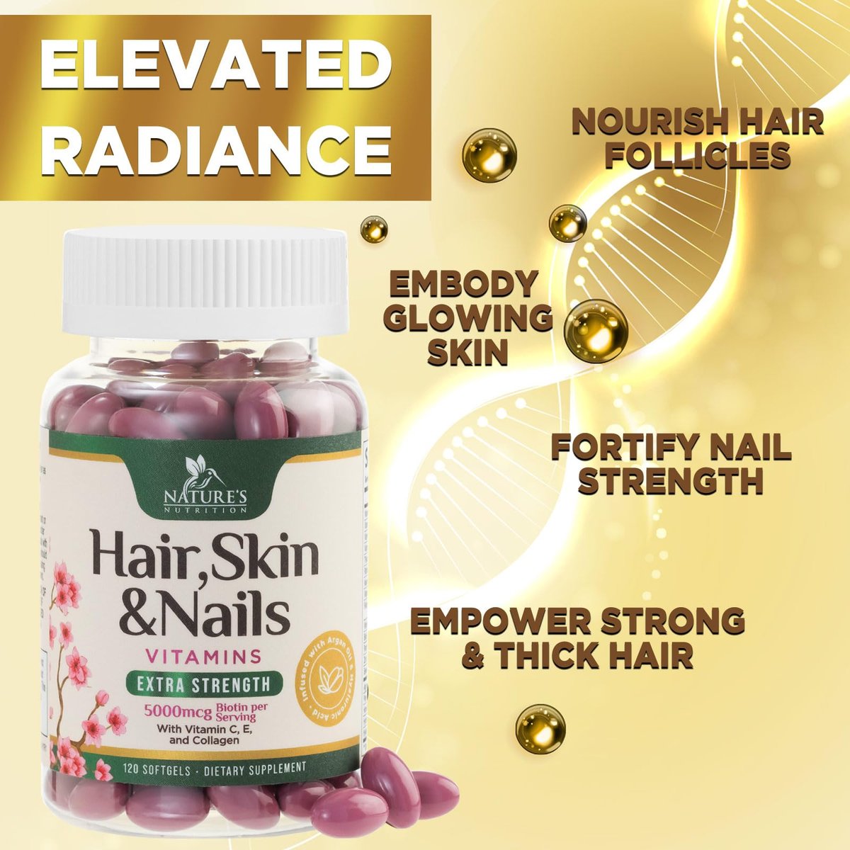 Haar-, Haut- und Nagel-Vitamine für Haarwachstum - Biotin 5000mcg pro Portion - Extra starkes Kollagen, Arganöl & Hyaluronsäure - Bestes Beauty-Supplement für Frauen & Männer - In den USA abgefüllt - 120 Softgels