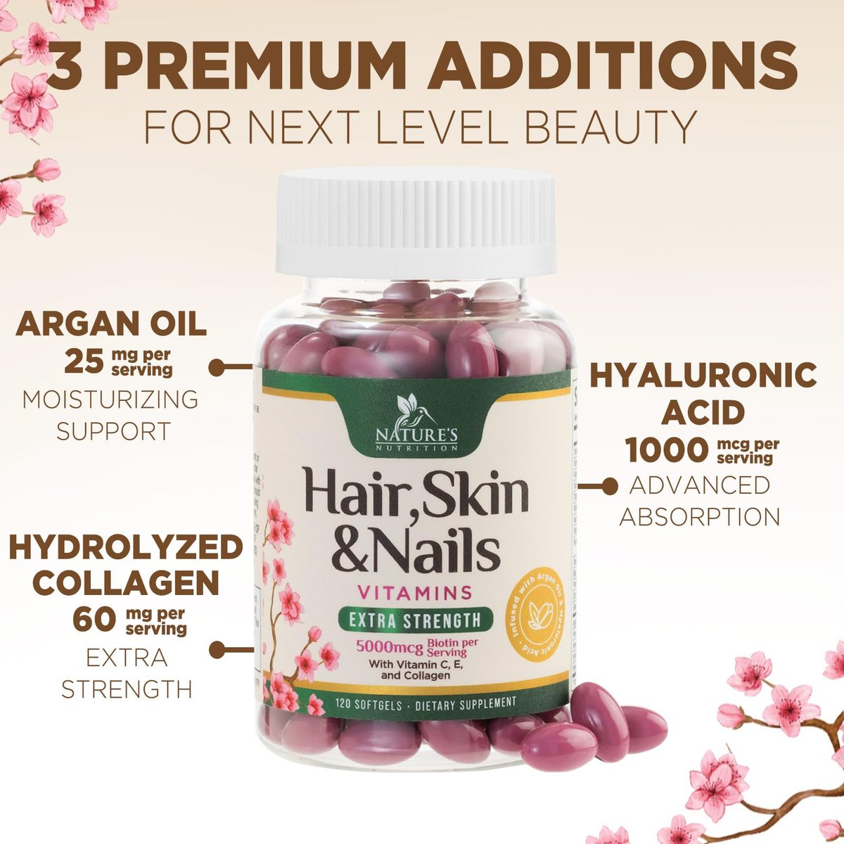 Haar-, Haut- und Nagel-Vitamine für Haarwachstum - Biotin 5000mcg pro Portion - Extra starkes Kollagen, Arganöl & Hyaluronsäure - Bestes Beauty-Supplement für Frauen & Männer - In den USA abgefüllt - 120 Softgels