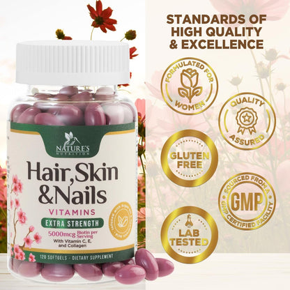 Haar-, Haut- und Nagel-Vitamine für Haarwachstum - Biotin 5000mcg pro Portion - Extra starkes Kollagen, Arganöl & Hyaluronsäure - Bestes Beauty-Supplement für Frauen & Männer - In den USA abgefüllt - 120 Softgels