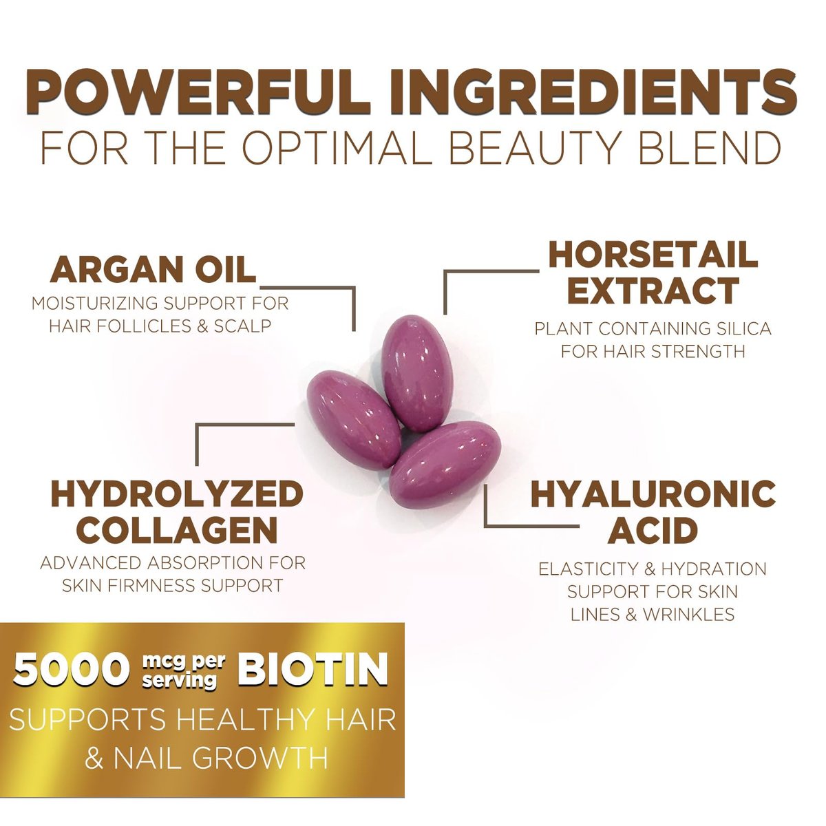 Haar-, Haut- und Nagel-Vitamine für Haarwachstum - Biotin 5000mcg pro Portion - Extra starkes Kollagen, Arganöl & Hyaluronsäure - Bestes Beauty-Supplement für Frauen & Männer - In den USA abgefüllt - 120 Softgels