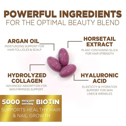 Haar-, Haut- und Nagel-Vitamine für Haarwachstum - Biotin 5000mcg pro Portion - Extra starkes Kollagen, Arganöl & Hyaluronsäure - Bestes Beauty-Supplement für Frauen & Männer - In den USA abgefüllt - 120 Softgels