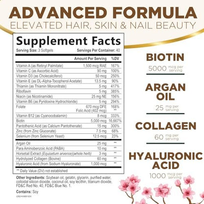 Haar-, Haut- und Nagel-Vitamine für Haarwachstum - Biotin 5000mcg pro Portion - Extra starkes Kollagen, Arganöl & Hyaluronsäure - Bestes Beauty-Supplement für Frauen & Männer - In den USA abgefüllt - 120 Softgels