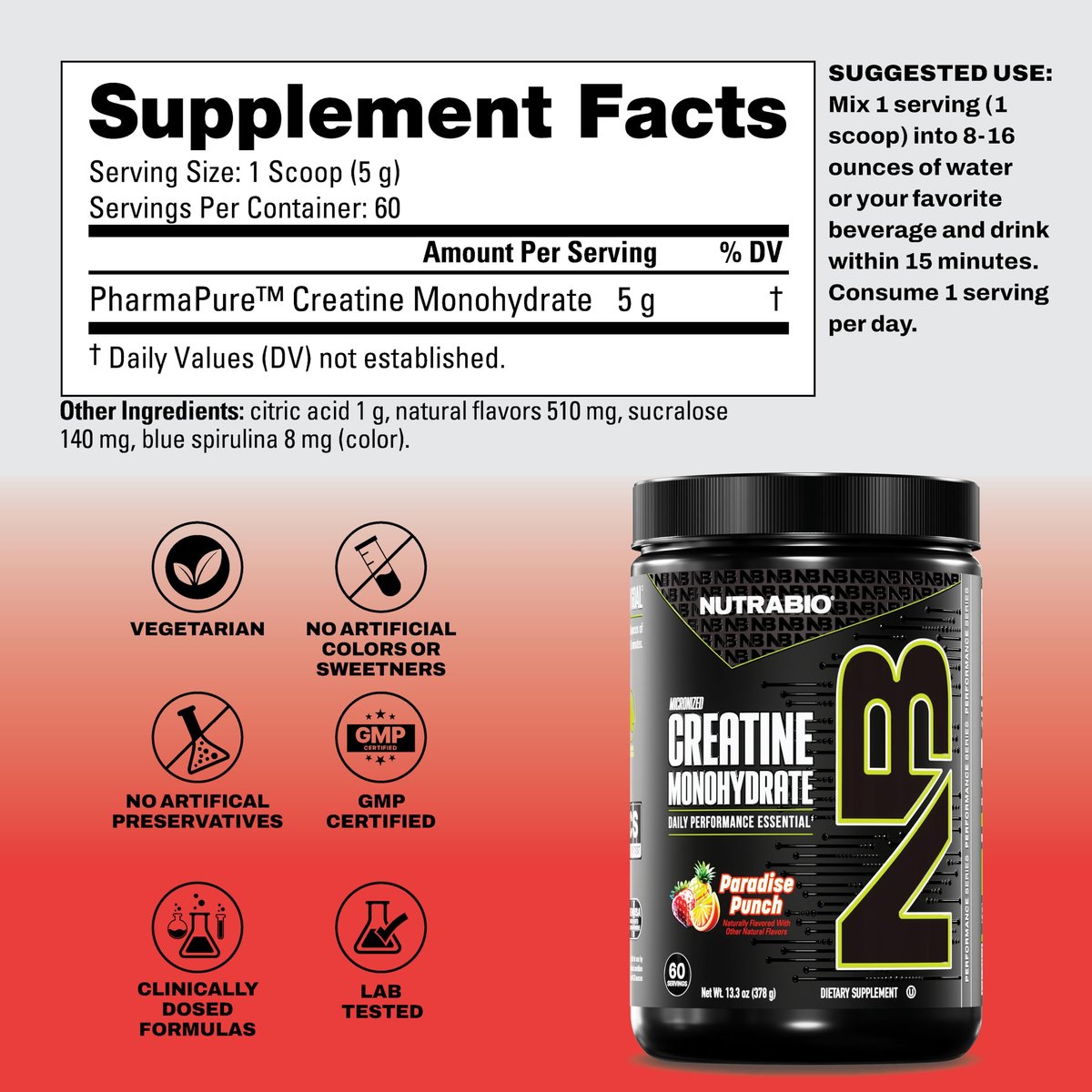 NutraBio Reines mikronisiertes Kreatin-Monohydrat-Pulver, Paradise Punch (300 g) – Unterstützt Muskelaufbau, Energie, Erholung und Kraft – HPLC-getestetes Kreatin für Männer und Frauen