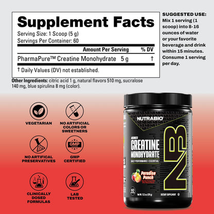 NutraBio Reines mikronisiertes Kreatin-Monohydrat-Pulver, Paradise Punch (300 g) – Unterstützt Muskelaufbau, Energie, Erholung und Kraft – HPLC-getestetes Kreatin für Männer und Frauen