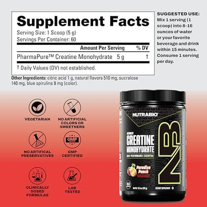 NutraBio Reines mikronisiertes Kreatin-Monohydrat-Pulver, Paradise Punch (300 g) – Unterstützt Muskelaufbau, Energie, Erholung und Kraft – HPLC-getestetes Kreatin für Männer und Frauen