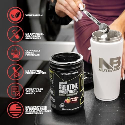 NutraBio Reines mikronisiertes Kreatin-Monohydrat-Pulver, Paradise Punch (300 g) – Unterstützt Muskelaufbau, Energie, Erholung und Kraft – HPLC-getestetes Kreatin für Männer und Frauen