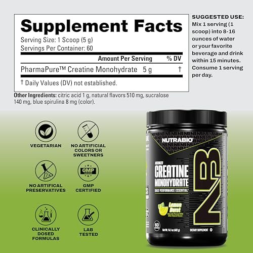 NutraBio Pure Micronized Creatine Monohydrate Pulver, Lemon Burst, 300 g – Unterstützt Muskelenergie, Erholung und Kraft – HPLC-getestetes Kreatinpulver für Männer und Frauen