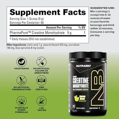 NutraBio Pure Micronized Creatine Monohydrate Pulver, Lemon Burst, 300 g – Unterstützt Muskelenergie, Erholung und Kraft – HPLC-getestetes Kreatinpulver für Männer und Frauen