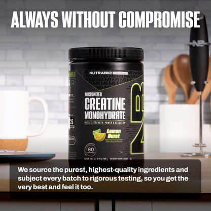 NutraBio Pure Micronized Creatine Monohydrate Pulver, Lemon Burst, 300 g – Unterstützt Muskelenergie, Erholung und Kraft – HPLC-getestetes Kreatinpulver für Männer und Frauen