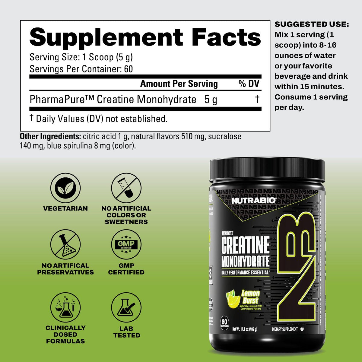 NutraBio Pure Micronized Creatine Monohydrate Pulver, Lemon Burst, 300 g – Unterstützt Muskelenergie, Erholung und Kraft – HPLC-getestetes Kreatinpulver für Männer und Frauen