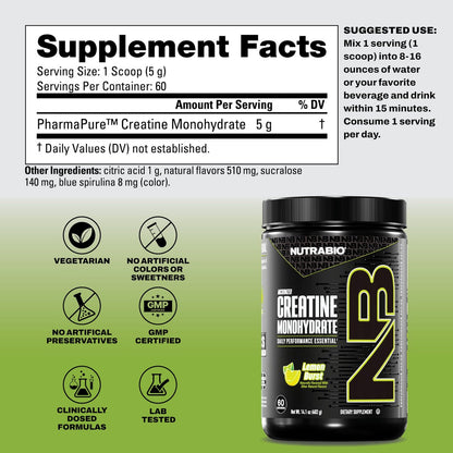 NutraBio Pure Micronized Creatine Monohydrate Pulver, Lemon Burst, 300 g – Unterstützt Muskelenergie, Erholung und Kraft – HPLC-getestetes Kreatinpulver für Männer und Frauen