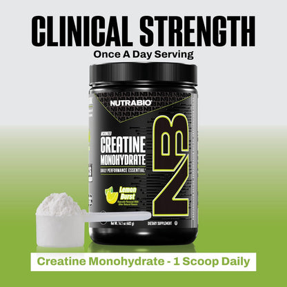NutraBio Pure Micronized Creatine Monohydrate Pulver, Lemon Burst, 300 g – Unterstützt Muskelenergie, Erholung und Kraft – HPLC-getestetes Kreatinpulver für Männer und Frauen