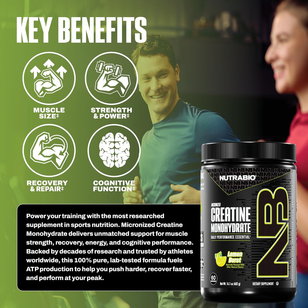 NutraBio Pure Micronized Creatine Monohydrate Pulver, Lemon Burst, 300 g – Unterstützt Muskelenergie, Erholung und Kraft – HPLC-getestetes Kreatinpulver für Männer und Frauen