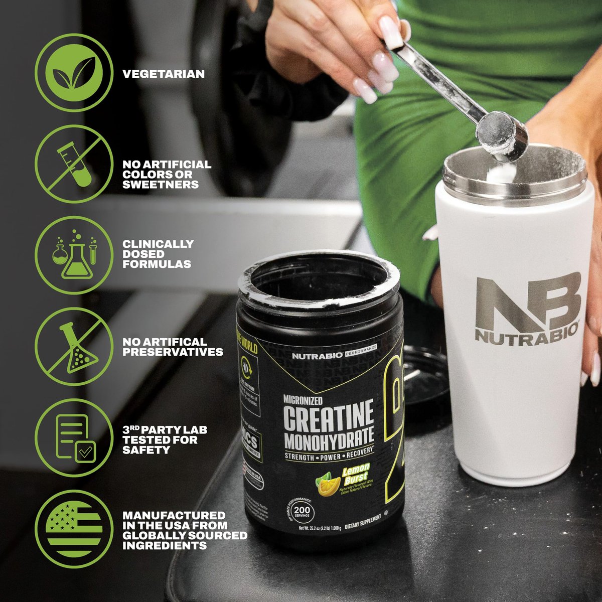 NutraBio Pure Micronized Creatine Monohydrate Pulver, Lemon Burst, 300 g – Unterstützt Muskelenergie, Erholung und Kraft – HPLC-getestetes Kreatinpulver für Männer und Frauen