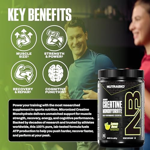 NutraBio Pure Micronized Creatine Monohydrate Pulver, Lemon Burst, 300 g – Unterstützt Muskelenergie, Erholung und Kraft – HPLC-getestetes Kreatinpulver für Männer und Frauen
