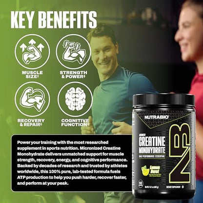 NutraBio Pure Micronized Creatine Monohydrate Pulver, Lemon Burst, 300 g – Unterstützt Muskelenergie, Erholung und Kraft – HPLC-getestetes Kreatinpulver für Männer und Frauen