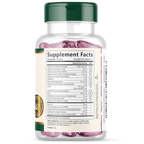 Haut-, Haar- und Nagelvitamine für Haarwachstum - Biotin 5000mcg pro Portion - Extra starkes Kollagen, Arganöl & Hyaluronsäure - Bestes Schönheitsergänzungsmittel für Frauen & Männer - in den USA abgefüllt - 60 Weichkapseln