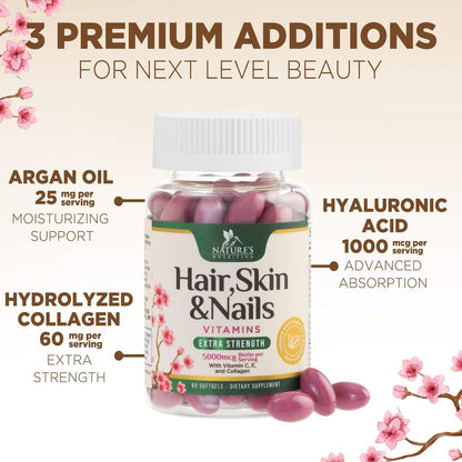 Haut-, Haar- und Nagelvitamine für Haarwachstum - Biotin 5000mcg pro Portion - Extra starkes Kollagen, Arganöl & Hyaluronsäure - Bestes Schönheitsergänzungsmittel für Frauen & Männer - in den USA abgefüllt - 60 Weichkapseln