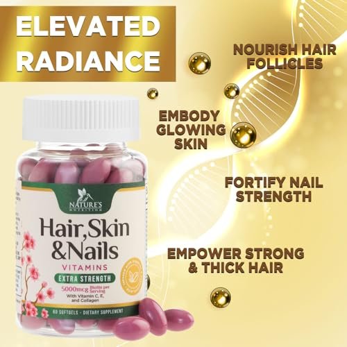 Haut-, Haar- und Nagelvitamine für Haarwachstum - Biotin 5000mcg pro Portion - Extra starkes Kollagen, Arganöl & Hyaluronsäure - Bestes Schönheitsergänzungsmittel für Frauen & Männer - in den USA abgefüllt - 60 Weichkapseln