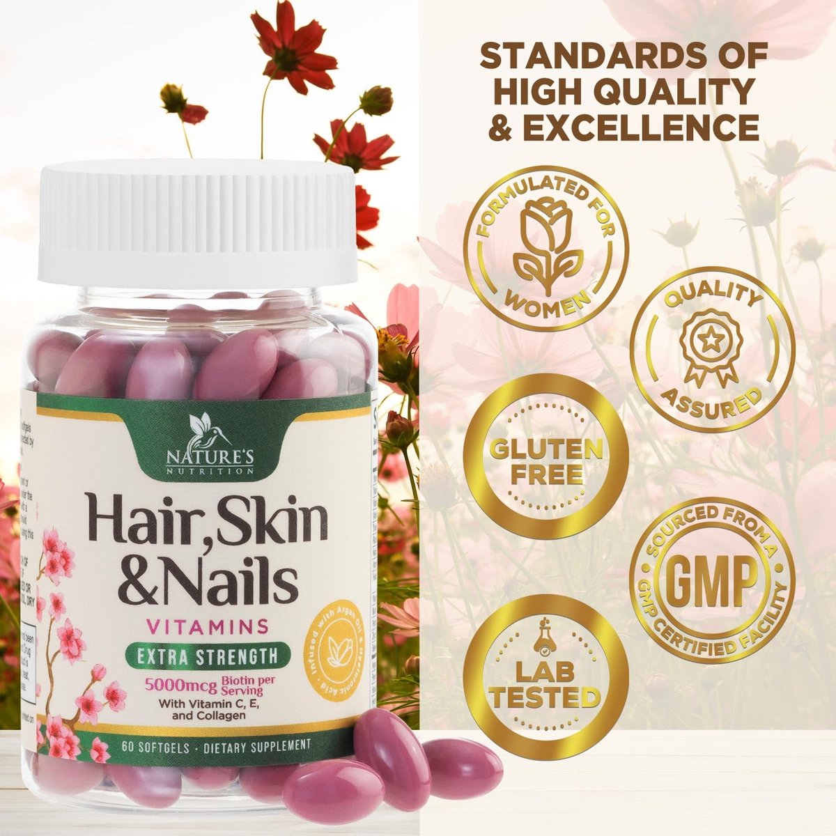 Haut-, Haar- und Nagelvitamine für Haarwachstum - Biotin 5000mcg pro Portion - Extra starkes Kollagen, Arganöl & Hyaluronsäure - Bestes Schönheitsergänzungsmittel für Frauen & Männer - in den USA abgefüllt - 60 Weichkapseln