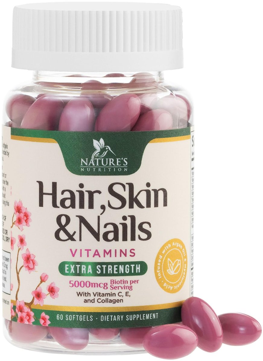 Haut-, Haar- und Nagelvitamine für Haarwachstum - Biotin 5000mcg pro Portion - Extra starkes Kollagen, Arganöl & Hyaluronsäure - Bestes Schönheitsergänzungsmittel für Frauen & Männer - in den USA abgefüllt - 60 Weichkapseln