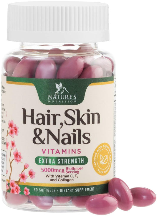 Haut-, Haar- und Nagelvitamine für Haarwachstum - Biotin 5000mcg pro Portion - Extra starkes Kollagen, Arganöl & Hyaluronsäure - Bestes Schönheitsergänzungsmittel für Frauen & Männer - in den USA abgefüllt - 60 Weichkapseln