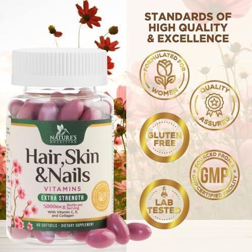 Haut-, Haar- und Nagelvitamine für Haarwachstum - Biotin 5000mcg pro Portion - Extra starkes Kollagen, Arganöl & Hyaluronsäure - Bestes Schönheitsergänzungsmittel für Frauen & Männer - in den USA abgefüllt - 60 Weichkapseln