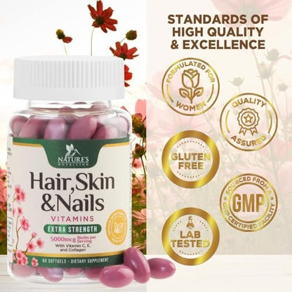 Haut-, Haar- und Nagelvitamine für Haarwachstum - Biotin 5000mcg pro Portion - Extra starkes Kollagen, Arganöl & Hyaluronsäure - Bestes Schönheitsergänzungsmittel für Frauen & Männer - in den USA abgefüllt - 60 Weichkapseln