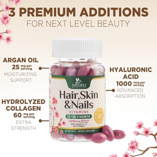 Haut-, Haar- und Nagelvitamine für Haarwachstum - Biotin 5000mcg pro Portion - Extra starkes Kollagen, Arganöl & Hyaluronsäure - Bestes Schönheitsergänzungsmittel für Frauen & Männer - in den USA abgefüllt - 60 Weichkapseln