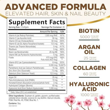 Haut-, Haar- und Nagelvitamine für Haarwachstum - Biotin 5000mcg pro Portion - Extra starkes Kollagen, Arganöl & Hyaluronsäure - Bestes Schönheitsergänzungsmittel für Frauen & Männer - in den USA abgefüllt - 60 Weichkapseln