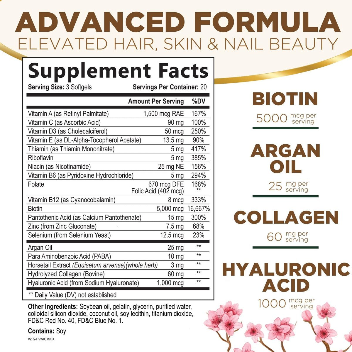 Haut-, Haar- und Nagelvitamine für Haarwachstum - Biotin 5000mcg pro Portion - Extra starkes Kollagen, Arganöl & Hyaluronsäure - Bestes Schönheitsergänzungsmittel für Frauen & Männer - in den USA abgefüllt - 60 Weichkapseln