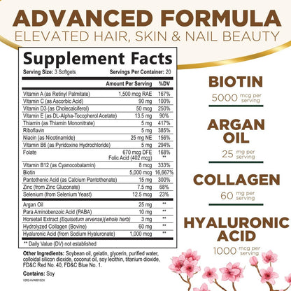 Haut-, Haar- und Nagelvitamine für Haarwachstum - Biotin 5000mcg pro Portion - Extra starkes Kollagen, Arganöl & Hyaluronsäure - Bestes Schönheitsergänzungsmittel für Frauen & Männer - in den USA abgefüllt - 60 Weichkapseln