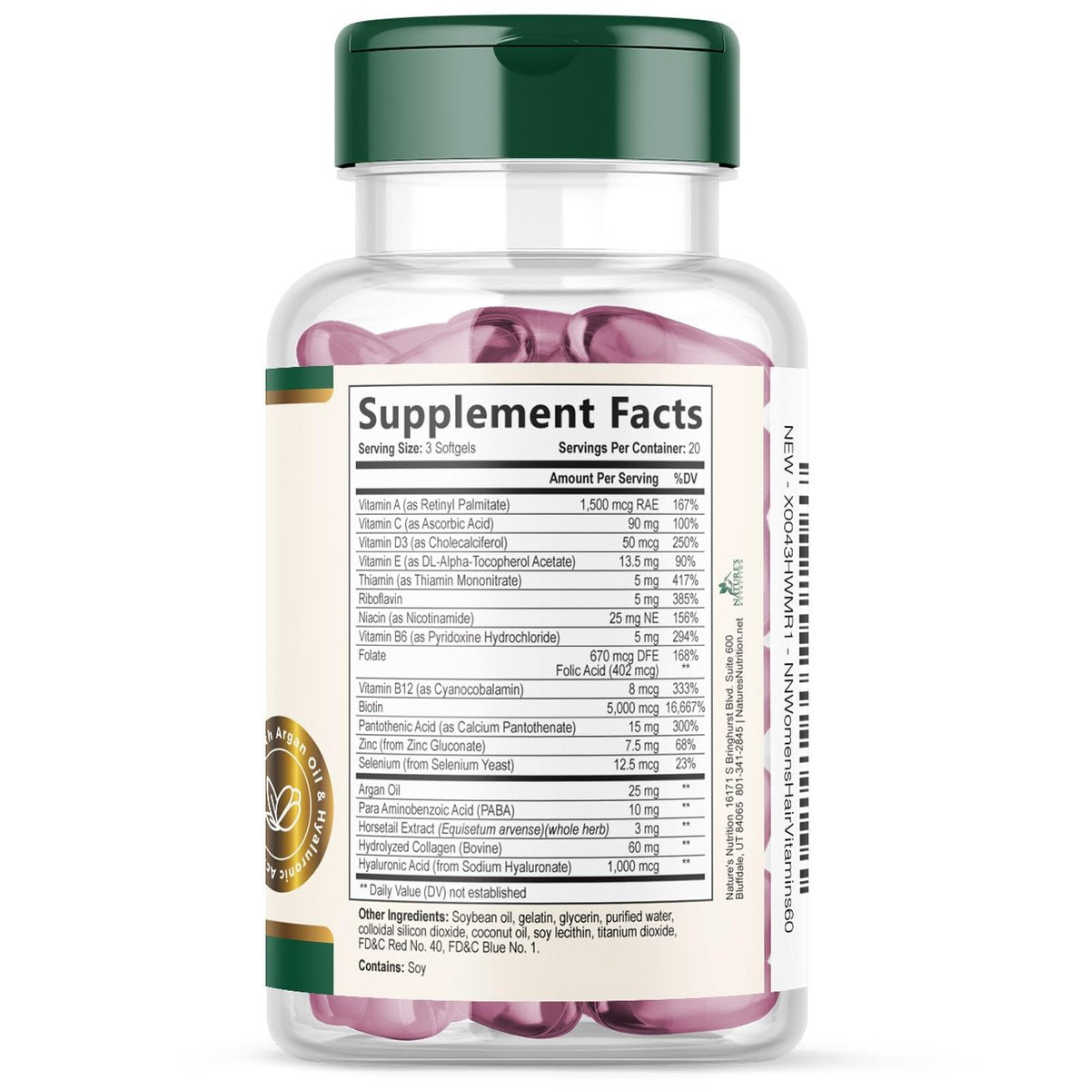 Haut-, Haar- und Nagelvitamine für Haarwachstum - Biotin 5000mcg pro Portion - Extra starkes Kollagen, Arganöl & Hyaluronsäure - Bestes Schönheitsergänzungsmittel für Frauen & Männer - in den USA abgefüllt - 60 Weichkapseln