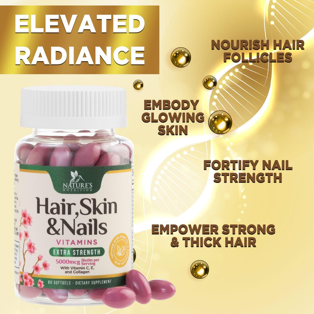 Haut-, Haar- und Nagelvitamine für Haarwachstum - Biotin 5000mcg pro Portion - Extra starkes Kollagen, Arganöl & Hyaluronsäure - Bestes Schönheitsergänzungsmittel für Frauen & Männer - in den USA abgefüllt - 60 Weichkapseln