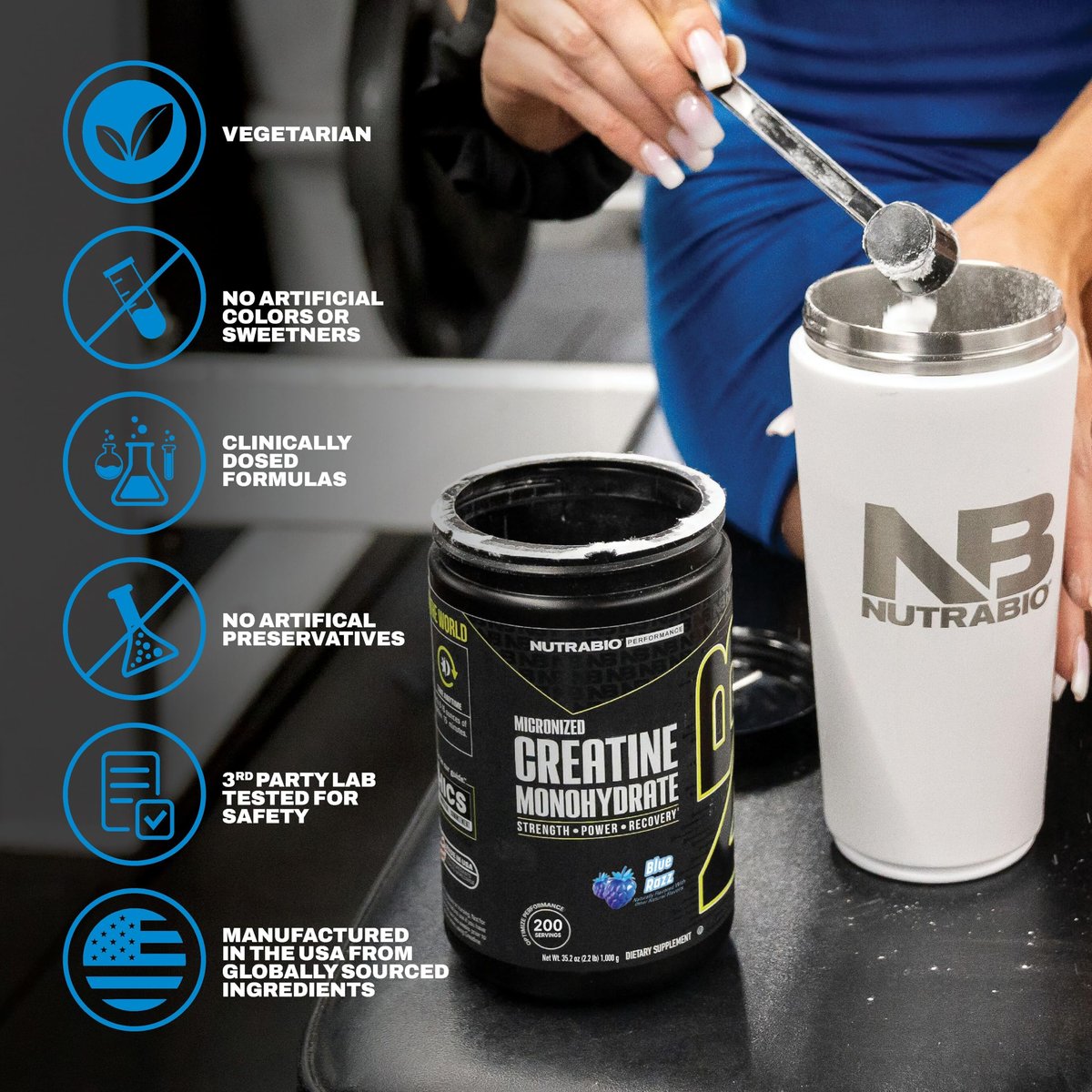 NutraBio Pure Micronized Creatine Monohydrat-Pulver, Blue Razz (300 g) - Unterstützt Muskelaufbau, Energie, Erholung und Kraft - HPLC-getestetes Creatin-Pulver für Männer und Frauen