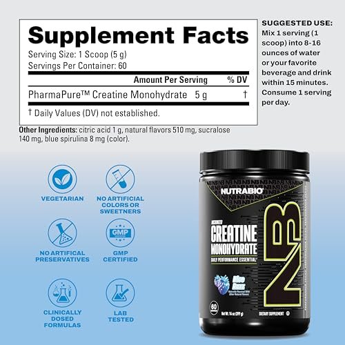 NutraBio Pure Micronized Creatine Monohydrat-Pulver, Blue Razz (300 g) - Unterstützt Muskelaufbau, Energie, Erholung und Kraft - HPLC-getestetes Creatin-Pulver für Männer und Frauen