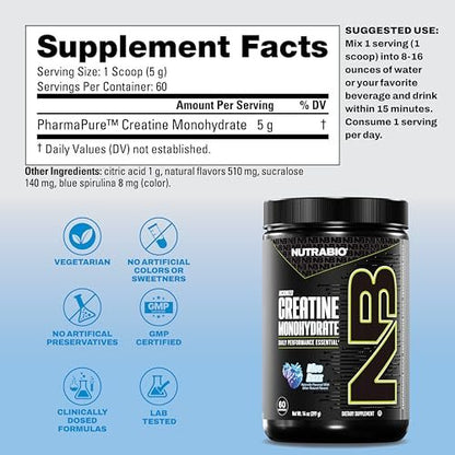 NutraBio Pure Micronized Creatine Monohydrat-Pulver, Blue Razz (300 g) - Unterstützt Muskelaufbau, Energie, Erholung und Kraft - HPLC-getestetes Creatin-Pulver für Männer und Frauen