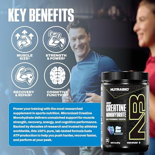 NutraBio Pure Micronized Creatine Monohydrat-Pulver, Blue Razz (300 g) - Unterstützt Muskelaufbau, Energie, Erholung und Kraft - HPLC-getestetes Creatin-Pulver für Männer und Frauen