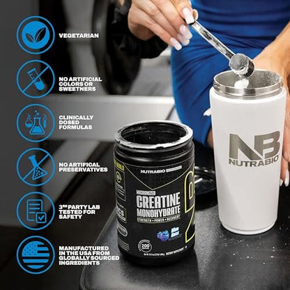 NutraBio Pure Micronized Creatine Monohydrat-Pulver, Blue Razz (300 g) - Unterstützt Muskelaufbau, Energie, Erholung und Kraft - HPLC-getestetes Creatin-Pulver für Männer und Frauen