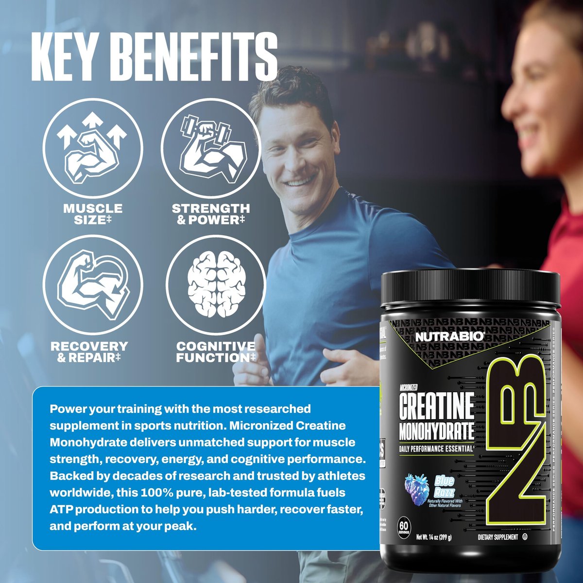 NutraBio Pure Micronized Creatine Monohydrat-Pulver, Blue Razz (300 g) - Unterstützt Muskelaufbau, Energie, Erholung und Kraft - HPLC-getestetes Creatin-Pulver für Männer und Frauen