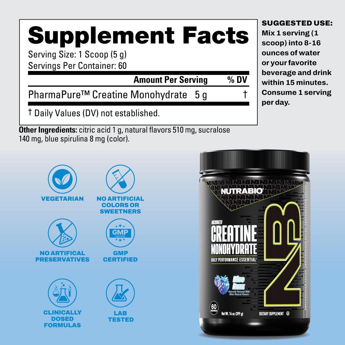 NutraBio Pure Micronized Creatine Monohydrat-Pulver, Blue Razz (300 g) - Unterstützt Muskelaufbau, Energie, Erholung und Kraft - HPLC-getestetes Creatin-Pulver für Männer und Frauen