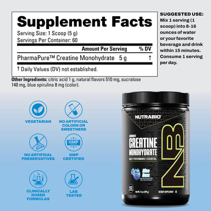 NutraBio Pure Micronized Creatine Monohydrat-Pulver, Blue Razz (300 g) - Unterstützt Muskelaufbau, Energie, Erholung und Kraft - HPLC-getestetes Creatin-Pulver für Männer und Frauen