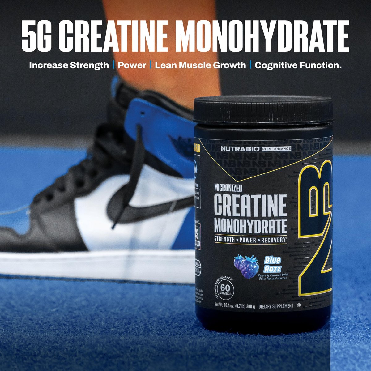 NutraBio Pure Micronized Creatine Monohydrat-Pulver, Blue Razz (300 g) - Unterstützt Muskelaufbau, Energie, Erholung und Kraft - HPLC-getestetes Creatin-Pulver für Männer und Frauen