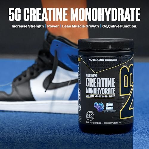 NutraBio Pure Micronized Creatine Monohydrat-Pulver, Blue Razz (300 g) - Unterstützt Muskelaufbau, Energie, Erholung und Kraft - HPLC-getestetes Creatin-Pulver für Männer und Frauen