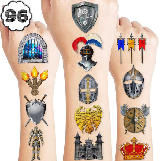 96-teiliges Mittelalter-Ritter-Tattoo-Set für Kinder – Temporäre Tattoos für Ritter-Geburtstagsparty, Deko, Mitgebsel, Motive: Ziegelstein, Krone, Burg, Soldat – Aufkleber-Geschenke für Jungen und Mädchen, Klassenpreise