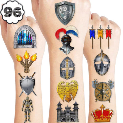 96-teiliges Mittelalter-Ritter-Tattoo-Set für Kinder – Temporäre Tattoos für Ritter-Geburtstagsparty, Deko, Mitgebsel, Motive: Ziegelstein, Krone, Burg, Soldat – Aufkleber-Geschenke für Jungen und Mädchen, Klassenpreise